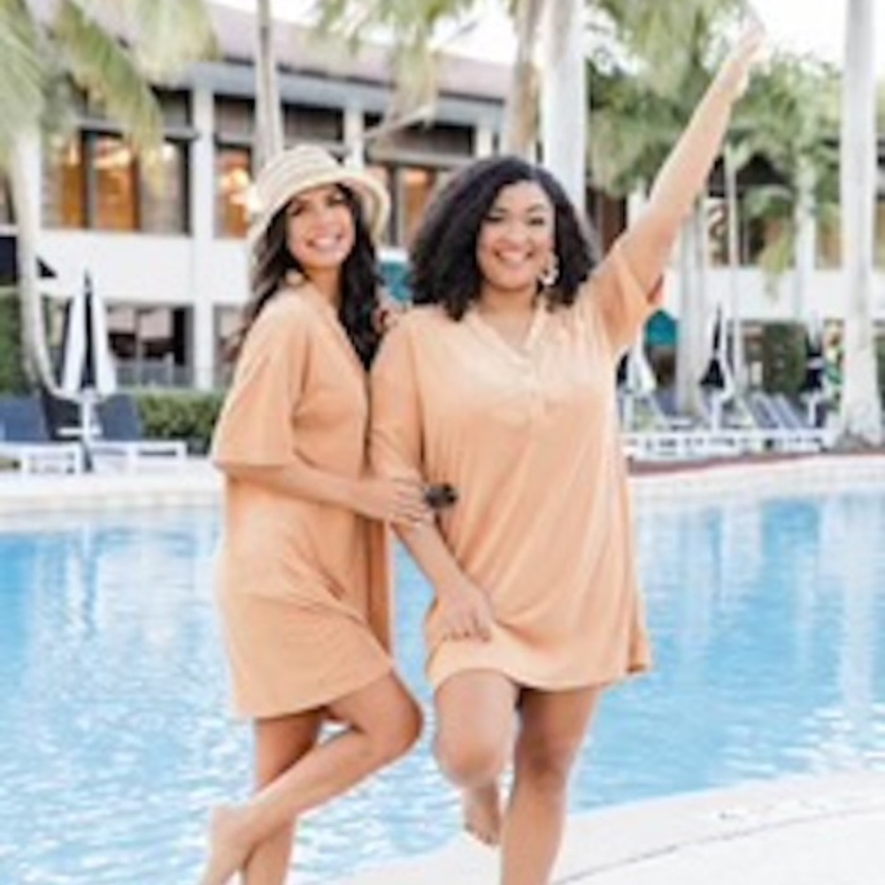 Pink Lily WE'RE BETTER TOGETHER TAN TERRY BUTTON FRONT T-SHIRT DRESS XL